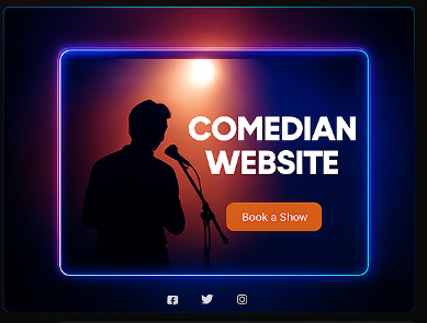 Professional comedian website mockup showing silhouette performer with microphone