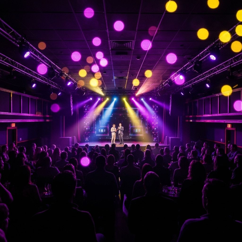 Dynamic comedy club background with stage lights and crowd